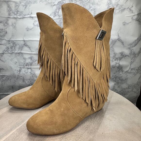 Obsession Rules Hopey Suede Tan Moccasin Fringe Boho Hidden Wedge Boots Women 8 - Picture 3 of 11